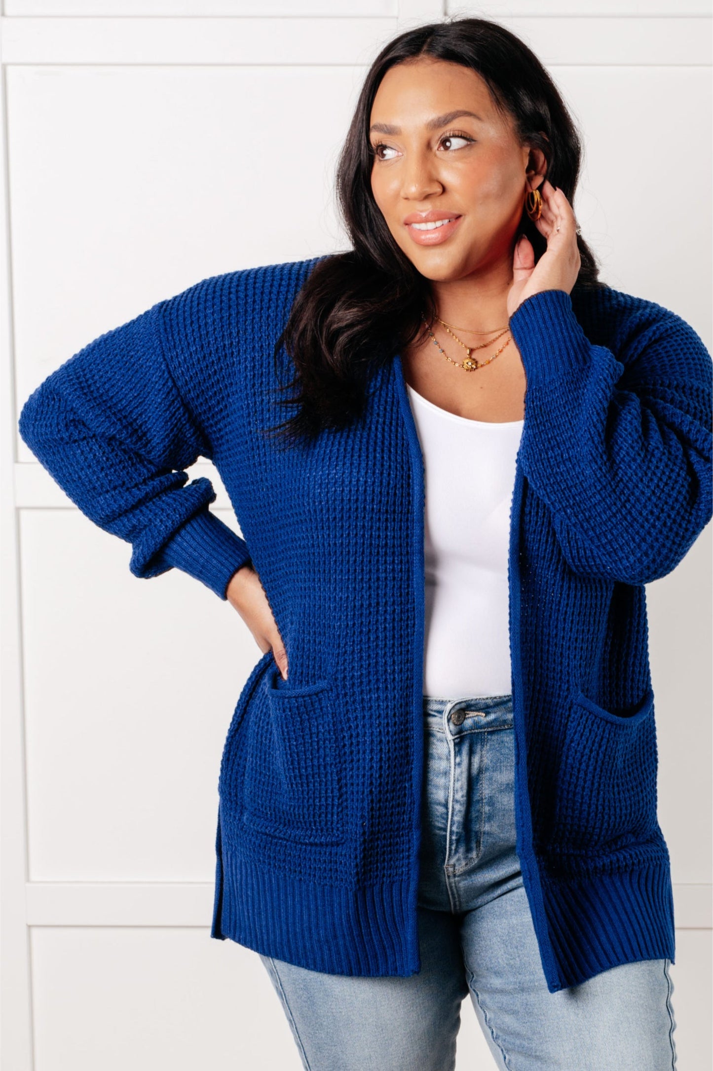 Everything Layer Waffle Knit Open Front Cardigan in Light Navy