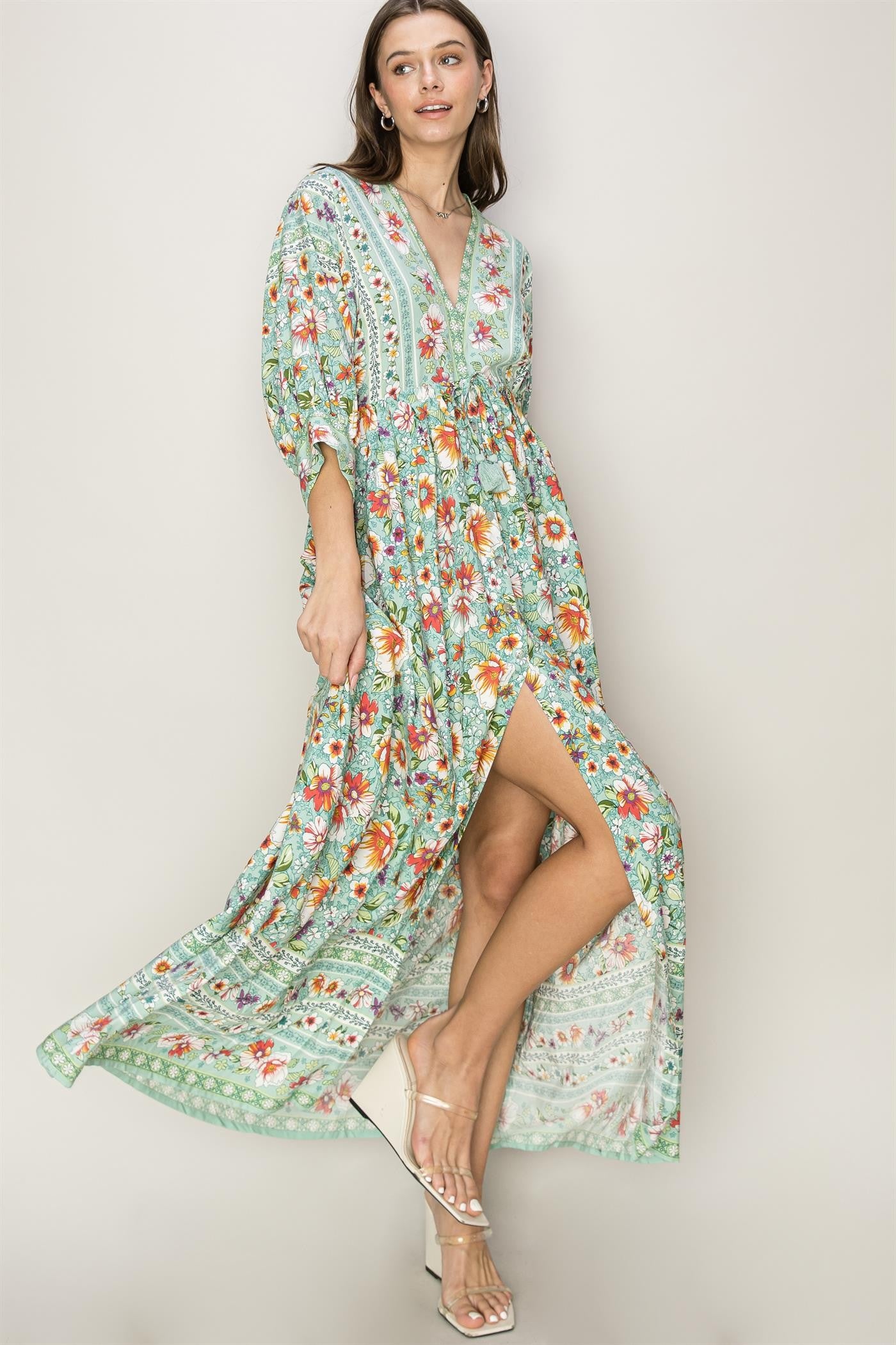 Jade Floral Button Front Maxi Dress